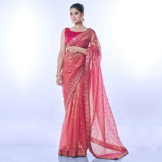 Pink Net Saree with Sequin Embroidery