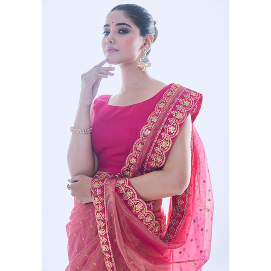 Pink Net Saree with Sequin Embroidery