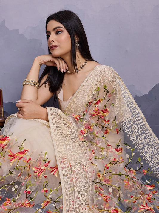 Cream Color Floral Embroidered Net Saree