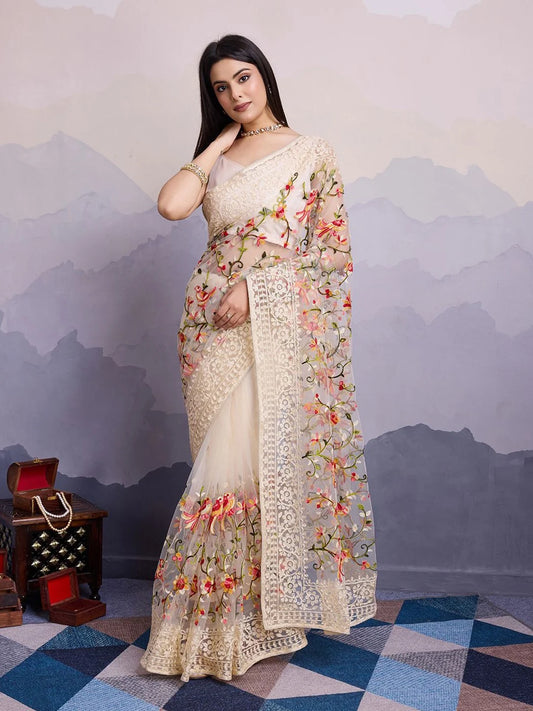 Cream Color Floral Embroidered Net Saree