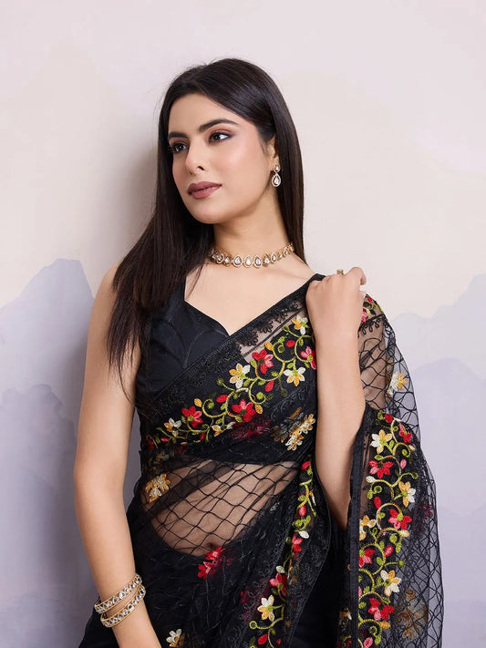 Black Floral Embroidered Net Saree