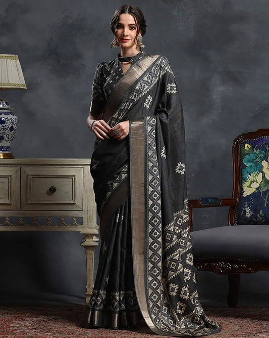 Black & White Ethnic Printed Zari Sungudi Saree