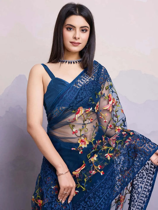 Blue Floral Embroidered Net Saree