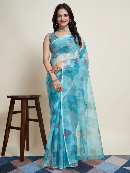 Blue Floral Printed Supernet Designer Saree