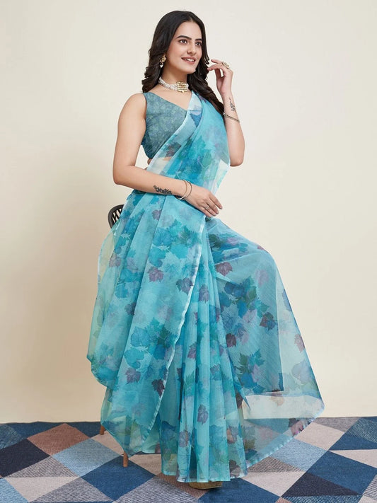 Blue Floral Printed Supernet Designer Saree