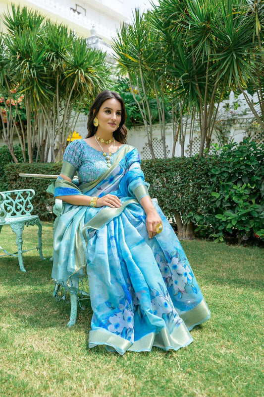 Blue Floral Printed Silk Cotton Saree