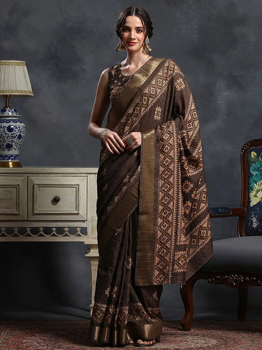 Brown & Beige Ethnic Printed Zari Sungudi Saree