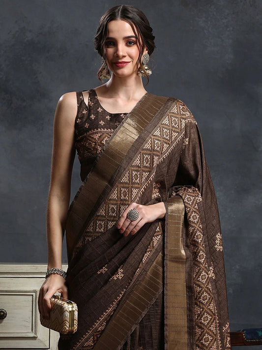 Brown & Beige Ethnic Printed Zari Sungudi Saree