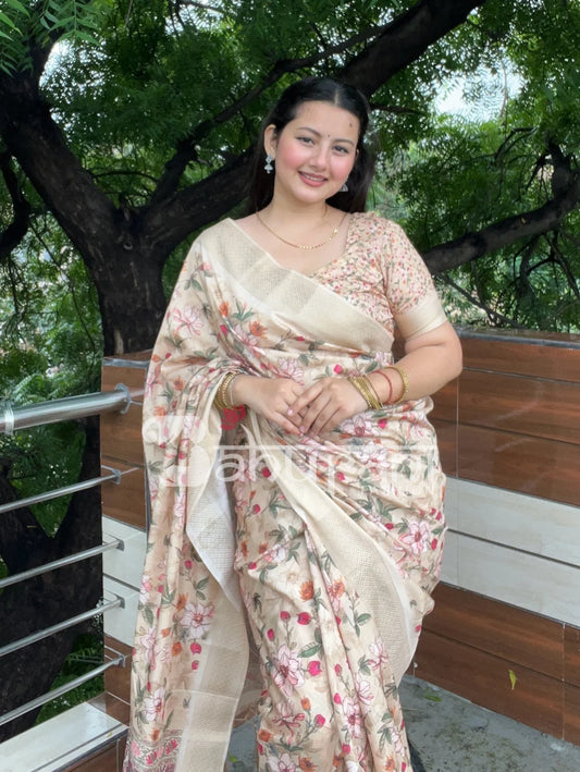 Floral Printed Cream Silk Saree
