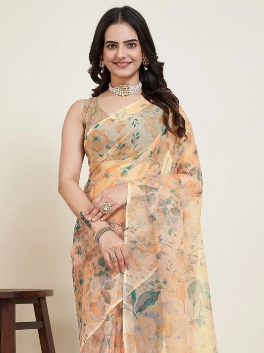 Cream Floral Supernet Saree