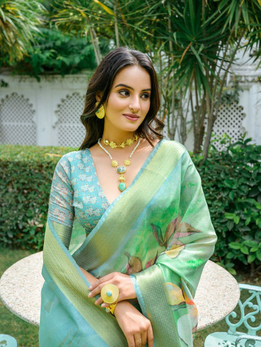 Green Floral Printed Silk Cotton Saree