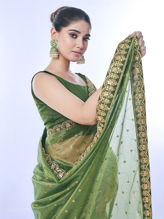 Green Net Saree with Sequin Embroidery