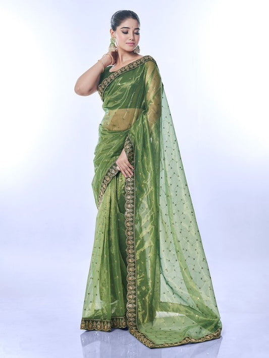 Green Net Saree with Sequin Embroidery