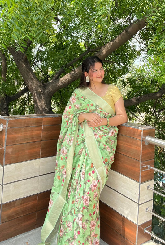 Floral Printed Green Silk Saree
