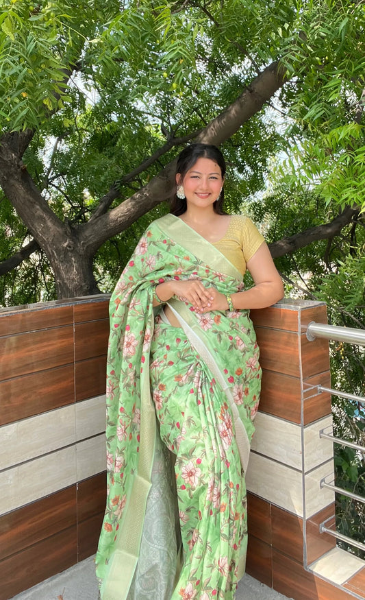 Floral Printed Green Silk Saree