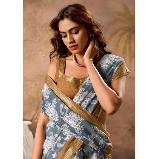 Grey Floral Printed Pure Cotton Saree