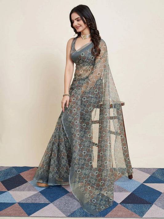 Grey Floral Super Net Saree Set