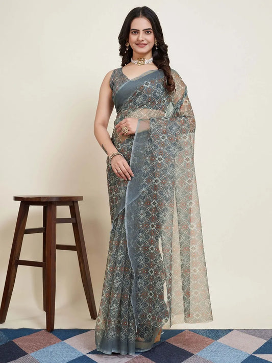 Grey Floral Super Net Saree Set