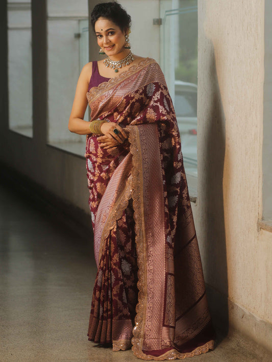 Violet Banarasi Katan Silk Saree with a lace design