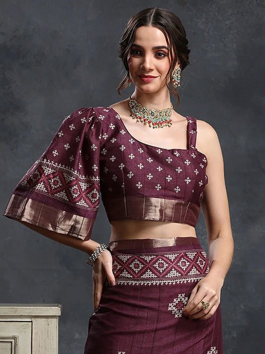 Magenta & White Ethnic Printed Zari Sungudi Saree