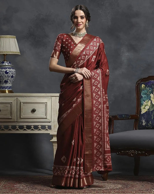 Maroon & White Ethnic Printed Zari Sungudi Saree