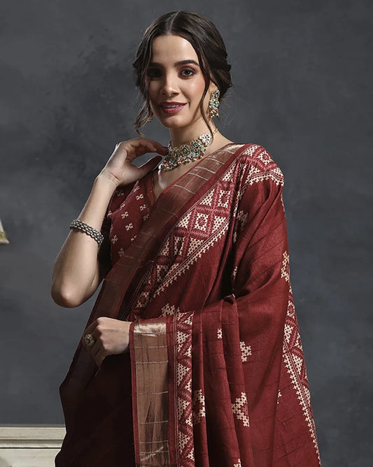 Maroon & White Ethnic Printed Zari Sungudi Saree