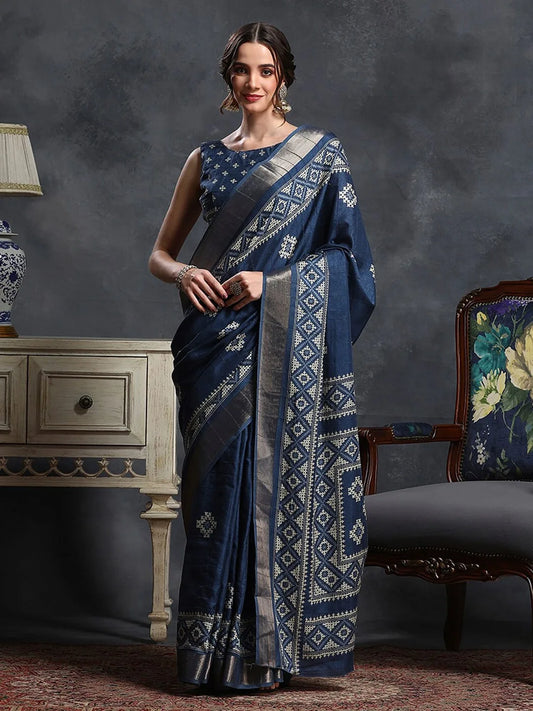 Navy Blue & White Ethnic Printed Zari Sungudi Saree