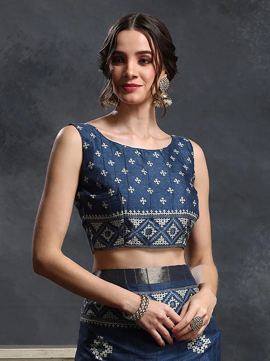 Navy Blue & White Ethnic Printed Zari Sungudi Saree