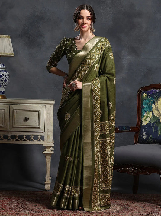 Olive Green & Cream Coloured Ethnic Printed Zari Sungudi Saree