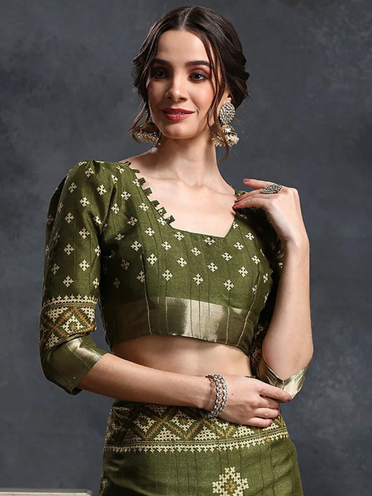 Olive Green & Cream Coloured Ethnic Printed Zari Sungudi Saree