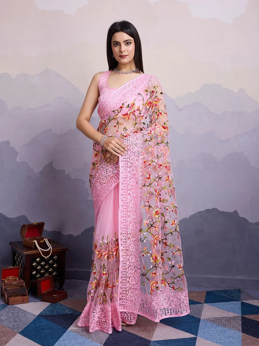 Pink Floral Embroidered Net Saree