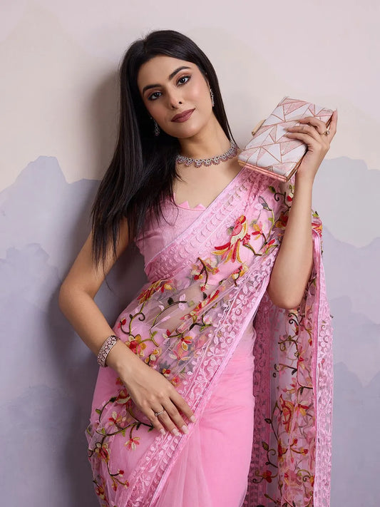 Pink Floral Embroidered Net Saree