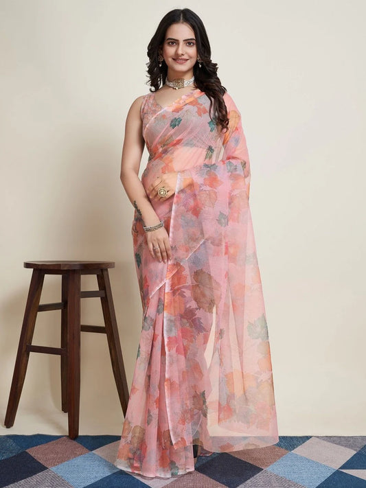 Pink Floral Supernet Saree