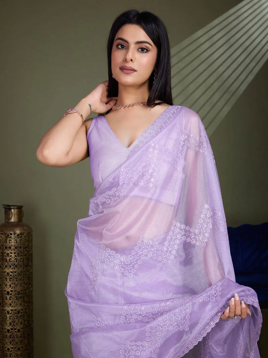 Purple Net Embroidered Shimmer Saree
