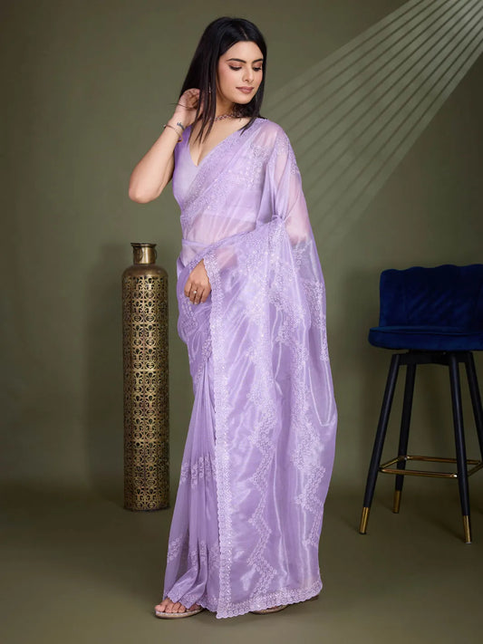 Purple Net Embroidered Shimmer Saree