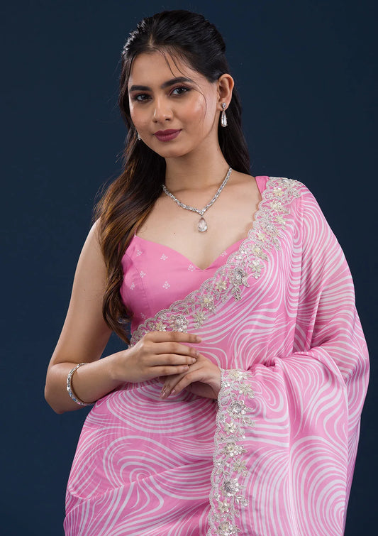 Stylish Pink Printed Georgette Saree
