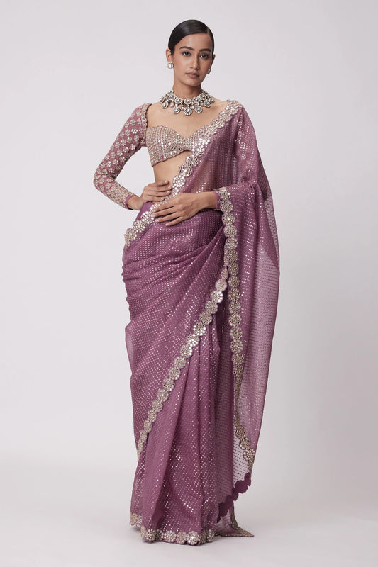 Rose Pink Saree With Original Mirror Work On Lace Border, Blouse & Sleeves