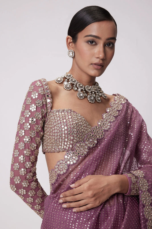Rose Pink Saree With Original Mirror Work On Lace Border, Blouse & Sleeves