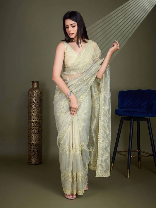Pistachio Green Net Embroidered Shimmer Saree