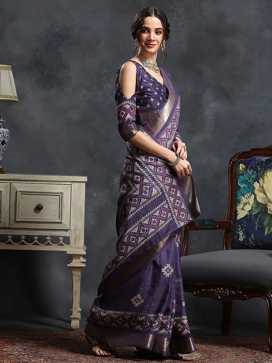 Purple & White Ethnic Printed Zari Sungudi Saree