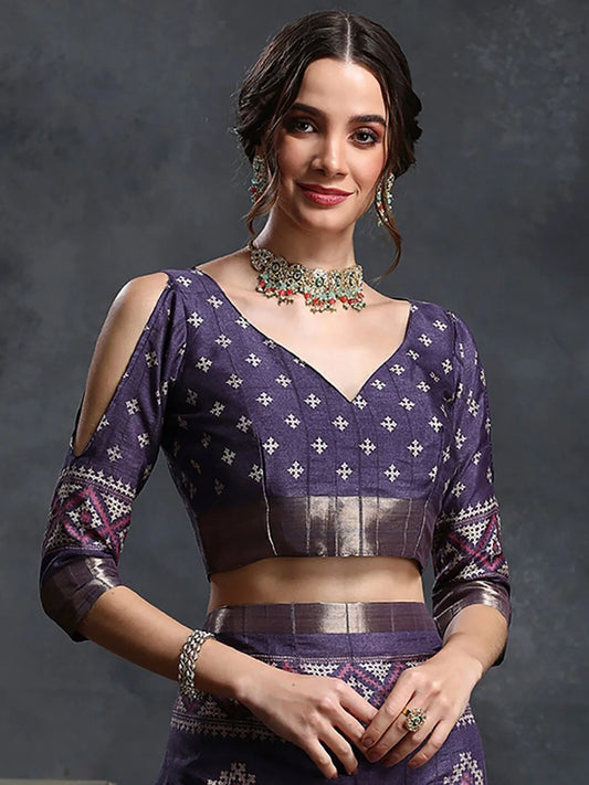 Purple & White Ethnic Printed Zari Sungudi Saree