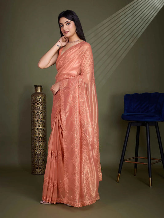 Salmon Orange Net Embroidered Shimmer Saree