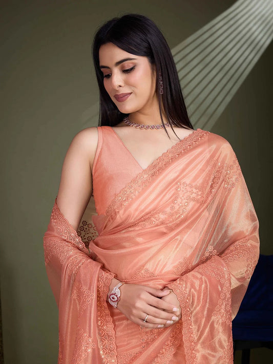 Salmon Orange Net Embroidered Shimmer Saree