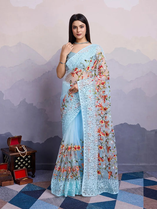 Sky Blue Floral Embroidered Net Saree