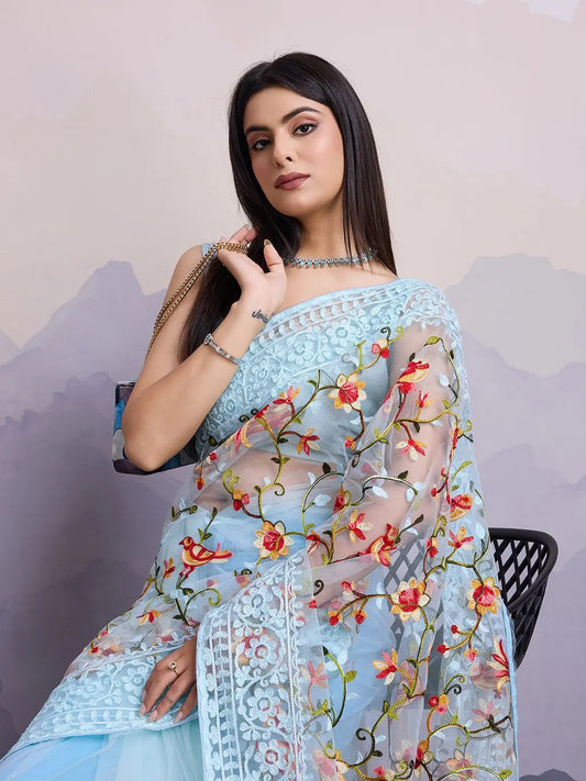 Sky Blue Floral Embroidered Net Saree