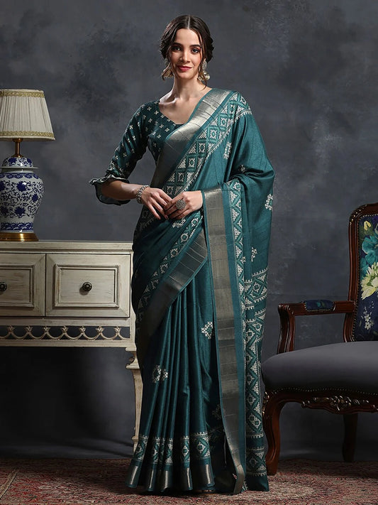 Teal & White Ethnic Printed Zari Sungudi Saree
