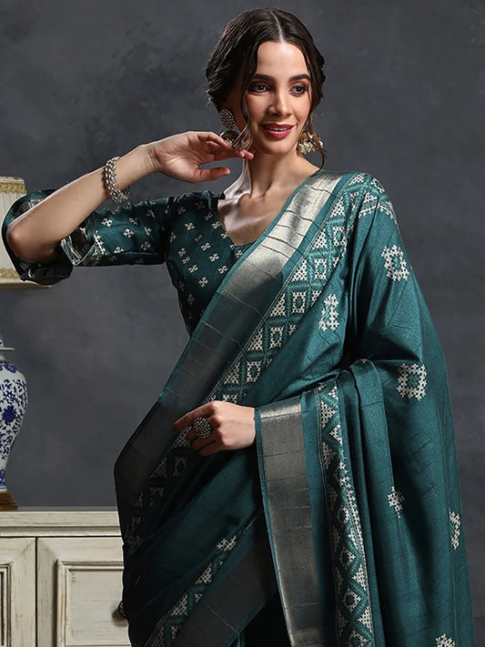 Teal & White Ethnic Printed Zari Sungudi Saree