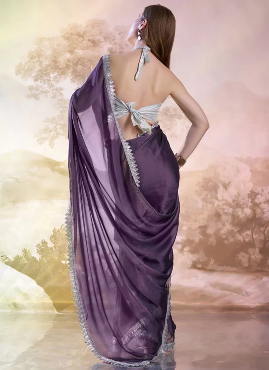 Stylish Purple Satin Silk Party Saree