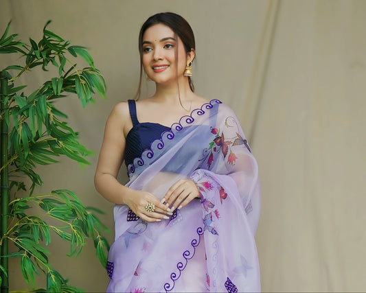 Soft Purple Organza Saree with Printed Patterns