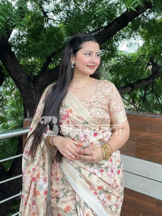 Floral Printed Cream Silk Saree